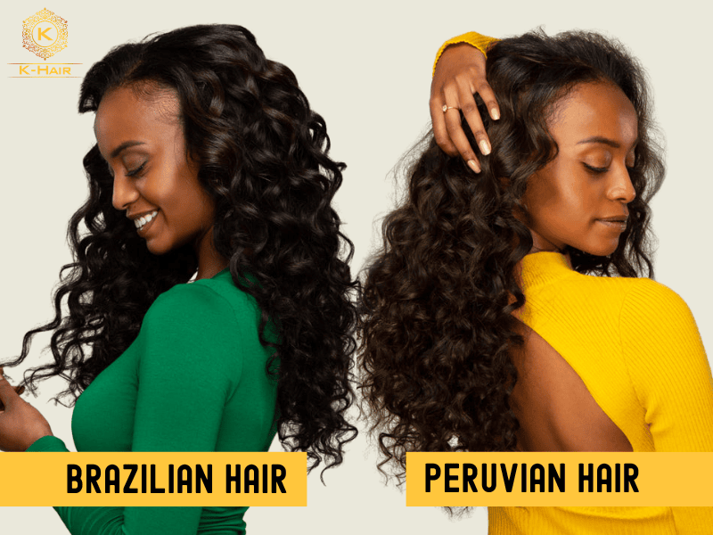 Side-by-side comparison of Peruvian hair and Brazilian hair showing differences