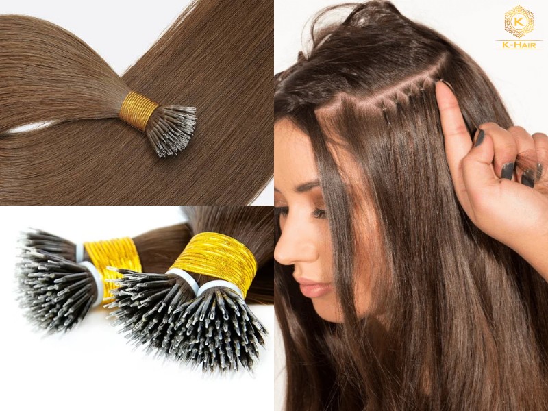 Nano ring hair extensions construction — nano-tip strands and silicone-lined rings installed on hair