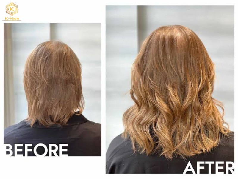Before and after tips-in keratin bond extensions — volume and length result on fine hair